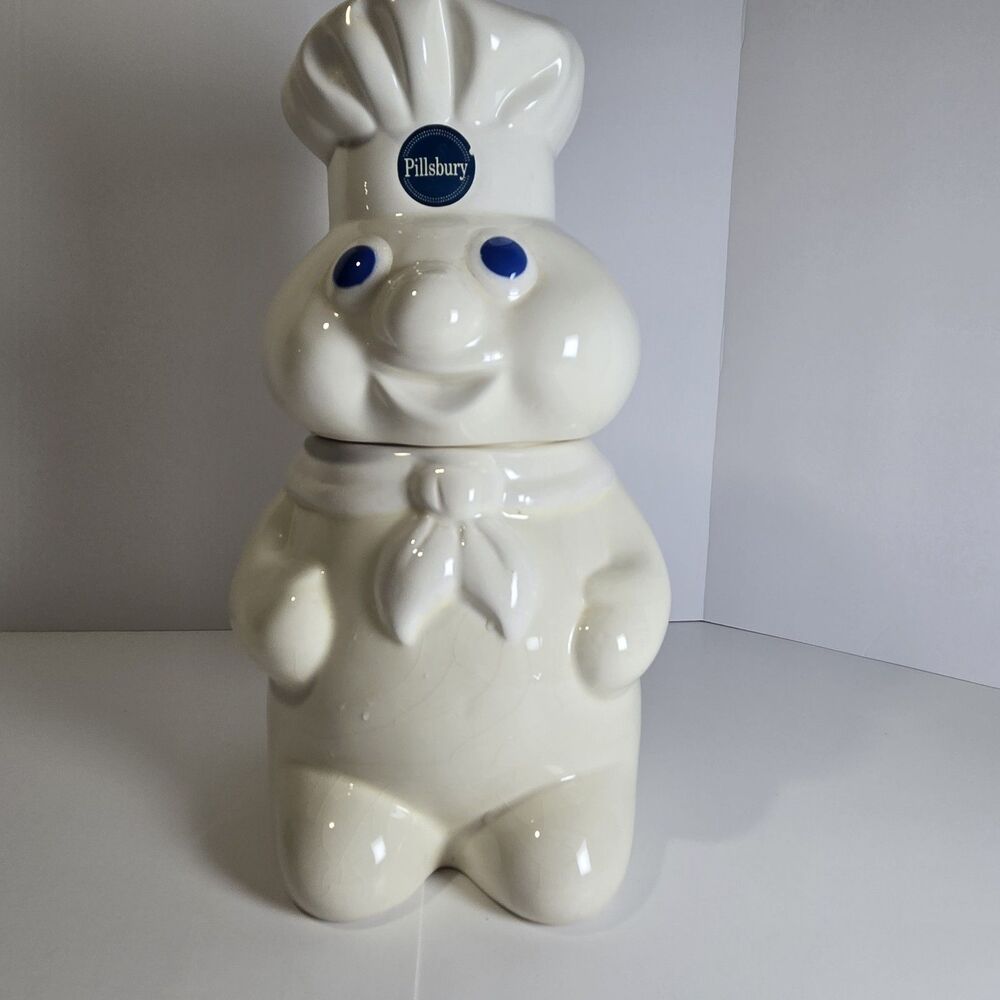 Pillsbury Doughboy Ceramic Cookie Jar White Blue Lift-Off Lid Collectible 12in